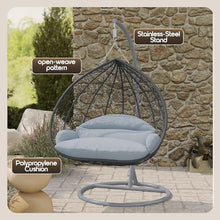 LeisureMod Hanging Egg Chair with Stand for Indoor Outdoor Wicker Patio Swing Chair Open Weave Basket Design with Cushion Metal Frame for Patio Garden Balcony (Grey Frame Light Grey Cushion)
