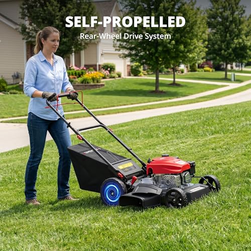 AMERISUN Gas Lawn Mower, 170cc OHV Engine with Forced Air Cooling, 21" Steel Deck, 3-in-1 Mulching/Bagging/Side Discharge, 6 Cutting Heights, 1.4-Bushel Grass Catcher, Self-Propelled