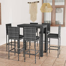 KUPTYERFG 7-Piece Outdoor Bar Set, Gray PE Rattan Garden Patio Dining Table and Stools with Cushions, Rectangular High Top Bistro Set for Backyard Balcony and Terrace