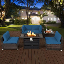 6PCS Patio Rattan Furniture Set 42" Fire Pit Table Cover Sofa Cushion Navy
