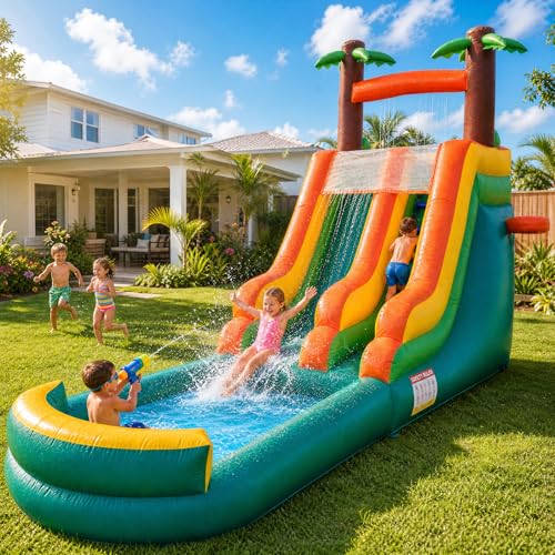 26ft Inflatable Water Slide with Splash Pool & 10M Water Hose & 1100W Blower, 100% PVC Commercial Heavy Duty Wet/Dry Inflatable Slide for Kids & Adults, Backyard Outdoor Summer Water Play(0.8MM)