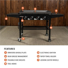 Blackstone 36 Inch 4 Burner 60,000 BTU Portable Steel Griddle Cooking Station with Foldable Legs, Grease Pan, and Storage Rack, Black