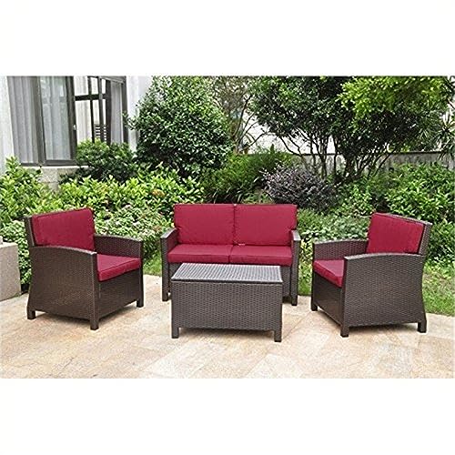 International Caravan Valencia All-Weather Wicker Outdoor Patio Settee Conversation Set with Cushions - Seats 4