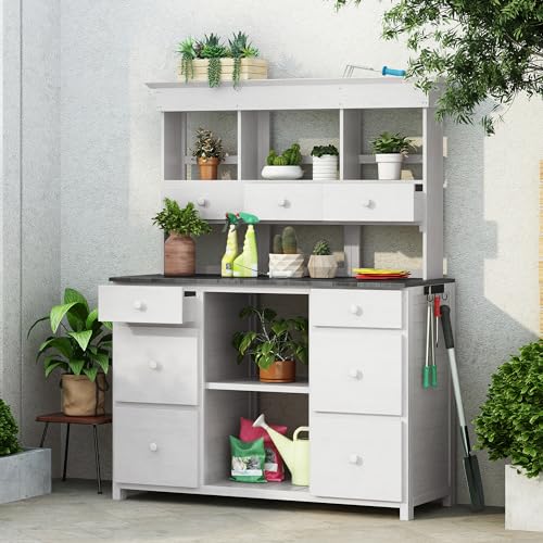 XD Designs Rustic 50''W Garden Potting Bench Table with 3 Tiers Shelf and Ample Drawers, Large Gardening Workstation with Fir Wood Frame for Outdoor Space, White+gray