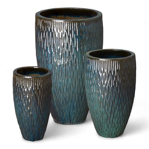 Emissary - Tall Rd Texture Pot Lg, 21in. L x 35in. H Teal Stoneware Round Planters with High-fire Treatment (Set of 3)