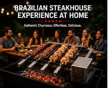 Brazilian BBQ Rotisserie Grill – 4 Stainless Steel Skewers – Auto Rotating Churrasco System – Right Side Motor – Fits Charcoal & Gas Grills – Authentic Brazilian Steakhouse Style