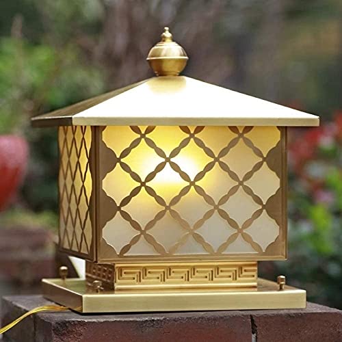LumosPro Antique Waterproof Square Outdoor Table Light - Gold Copper Patio Pillar Lantern for Garden, Courtyard, and Porch (Large Size)(C)
