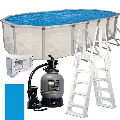 WaterThat 52" Boulder Easy-Build Oval Steel Above Ground Swimming Pool, Sand Filter, Pump, Liner, Ladder, and Skimmer (12' x 24' x 52")