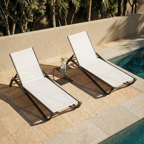 Patio Kingdom 3-Piece Patio Chaise Lounge Set with Side Table, Set of 2 Adjustable Pool Chairs and Aluminum Bistro Table, All-Weather Outdoor Furniture for Pool Deck, Patio & Tanning, White
