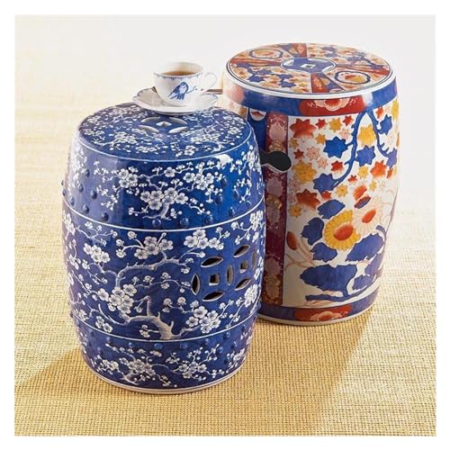 Tu Ye-US Decorative Garden Stools, 2 Pieces, Ceramic Rice Jar Stool Blue and White Open Rice Jar Porcelain Stool