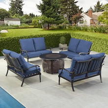 Oakland Living Black Aluminum Patio Fire Table Set with Four Deep Seating Loveseat with Cushions with Blue Cushions