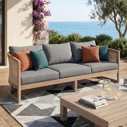 Christopher Knight Home Catania Acacia Wood Outdoor 3 Seater Sofa with Cushions, Wooden Patio Sofa Couch with Cushion, Comfy Garden Cloud Sofa Couch with Textilene Armrest, Grey+Light White