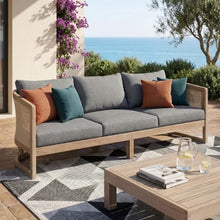 Christopher Knight Home Catania Acacia Wood Outdoor 3 Seater Sofa with Cushions, Wooden Patio Sofa Couch with Cushion, Comfy Garden Cloud Sofa Couch with Textilene Armrest, Grey+Light White