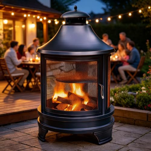 2-in-1 Fire Pit with Grill, Outdoor Chiminea Fireplace for Patio Backyard, Retro Look, 360° Sparks Protection Net, 3-Level Adjustable Grill, Stable Tripod
