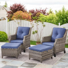 Patio Club Chair Wicker Chairs with 2 Ottomans Grey Black Mid-Century Modern Rattan Black