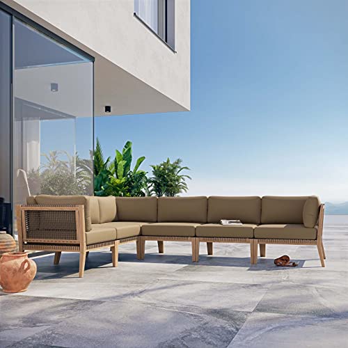 Modway Clearwater Outdoor Patio Teak Wood 6-Piece Sectional Sofa in Gray Light Brown
