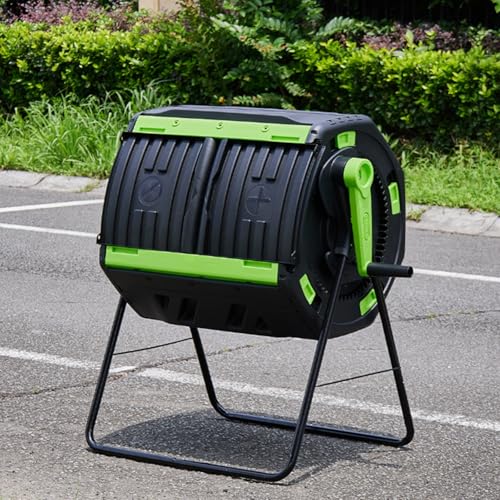 Garden Compost Bin, Outdoor Tumbling Composter, Integrated Sliding Double-Door Lid, Vent Design, Dual Chamber Waste Recycling Machine for Garden, Kitchen, Yard