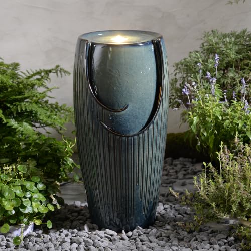 Blue Ceramic Pillar Fountain, Decorative Water Fountain with LED Lights and Quiet Pump, Indoor Outdoor Water Feature for Patio, Garden, Deck, Balcony, Office and Home Décor
