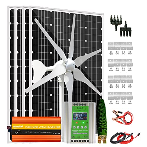 880W Solar Panel Wind Turbine Generator Kit 12V/24V: 4pcs 120W Monocrystalline Solar Panel,400W Wind Turbine Generator,Hybrid MPPT Charge Controller & 3000W Inverter & Brackets