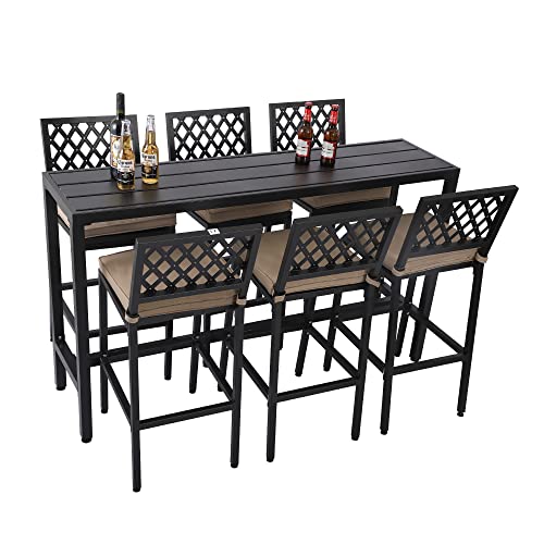 Sumshadow Outdoor Patio Bar Set, Bar Height Patio Dining Set, Weather-Resistant Bistro Counter Pub Set with Cushions & Slatted Tabletop for Backyard, Garden, Yard (63" Table, 6 "X Style Stool, Black)