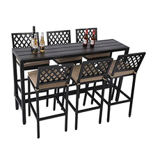 Sumshadow Outdoor Patio Bar Set, Bar Height Patio Dining Set, Weather-Resistant Bistro Counter Pub Set with Cushions & Slatted Tabletop for Backyard, Garden, Yard (63" Table, 6 "X Style Stool, Black)