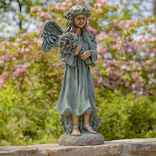 Zaer Ltd. 39" Tall Magnesium Angel Statue Figurines for Outdoor and Indoor Use (Holding a Bouquet of Flowers Sopia, Aged Bronze)