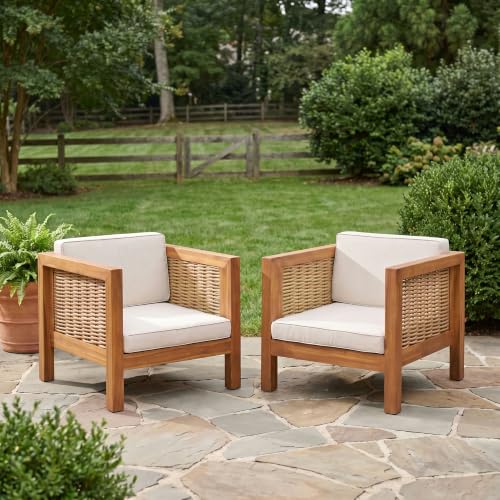 Christopher Knight Home Outdoor Club Chairs Set of 2, Acacia Wood Patio Chairs with Wicker Armrests and Beige Cushions, 400 lbs Capacity, Modern Lounge Seating for Patio, Deck, Garden, Poolside