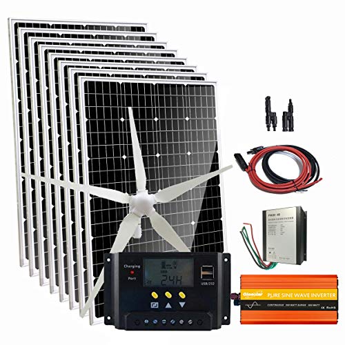 1560W Solar Wind Power Kit 48V Off Grid System :600W Wind Turbine Generator/8pcs 120W Mono Solar Panel/2000W Peak 4000W Power Inverter/PWM Charge Conroller/Cable