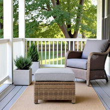 Outdoor Escape Brown Wicker Ottoman with Gray Cushion – Outdoor Foot Rest for Patio Seating Featuring Steel Frame and Weather-Resistant Woven Design