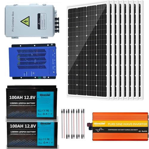 960W Complete Solar Panel Kit with 2pcs 100AH Lithium Battery + 1000W 12V Inverter + 8pcs 120W Mono Solar Panels + 4 String Combiner Box + 60A MPPT Charge Controller + Cables for Home RV Boat