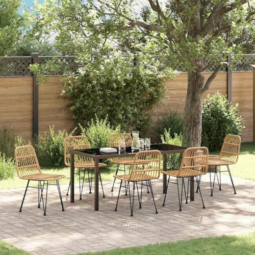 FUDUGEHMIOFWFJJ Modern 7-Piece Garden Dining Set with Table and 6 Chairs, Brown Outdoor Patio Furniture Set, Weather-Resistant Powder-Coated Steel Frame & Poly Rattan for Backyard, Deck, Balcony