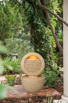 Kaimei Cement Tabletop Fountain with Light and Pump, 2-Tiered Indoor/Outdoor Decor Beige+Yellow