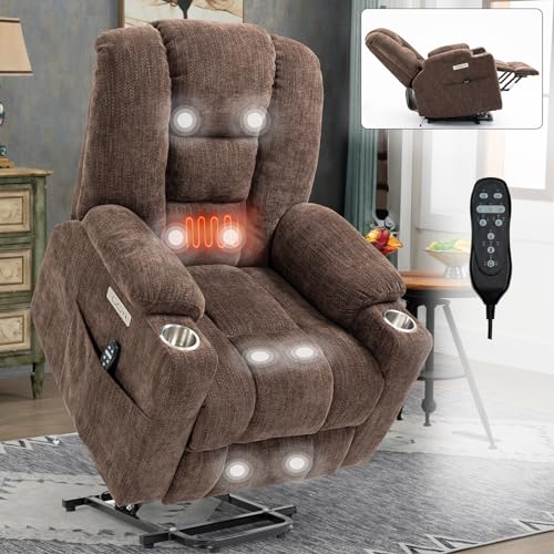 Power Lift Recliner Chair for Elderly with Massage & Heat, Chenille, Brown
