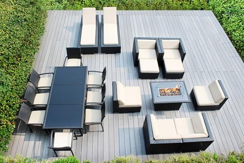 Ohana Depot 20 Piece Outdoor Patio Furniture Black Wicker Conversation Set with Fully Assembled Sectional and 42-inch Propane Gas Fire Table