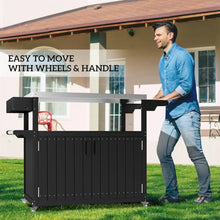 Modern Outdoor Bar Tables with Four 360° Swivel Wheels and Detachable Paper Towel Rack, Mobile Storage Islands with Cabinet and Open Shelf (Black and Silver)