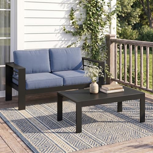 Solaste Aluminum Outdoor Loveseat with Coffee Table,2 PCS Patio Furniture Set with Cushions, All-Weather Outdoor Patio Sofa Sets for Balcony, Deck, Backyard, Porch, Garden, Blue