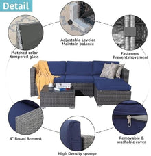 UOPYNE All-Weather Grey PE Wicker with Navy Blue Cushions - Outdoor Patio Furniture Set Sectional Conversation for Backyard, Porch, Garden, Poolside, Balcony 5 Piece