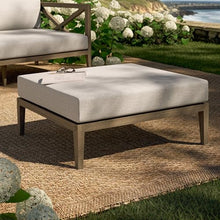 Modway Northlake Teak Outdoor Ottoman in Weathered Gray Pebble – Large Square Patio Footrest with Cushion