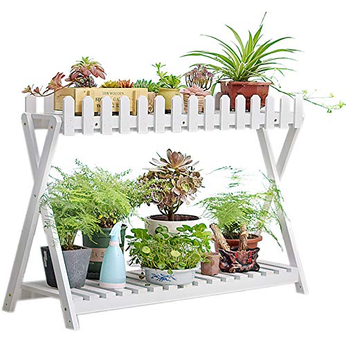 Ligedamai White Wooden Plant Stand, Indoor/Outdoor/Garden 2 Tier Flower Pot Holder Shelf, Floor-Standing Planter Rack Storage(68x37x71cm)