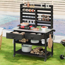 Outdoor Potting Bench with Lockable Wheels & Upper Hutch - Solid Wood Kitchen Island with Stainless Steel Top, Towel Rack & Storage Cabinet for Grilling, Gardening, Lawn (Black)