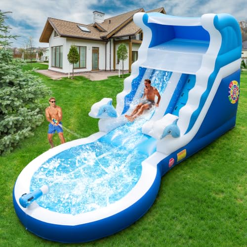 HXDOGSP Inflatable Water Slide Commercial Grade: Water Bounce House for Adults and Teenagers - Big Pool, Premium PVC, Wet & Dry, Blower Included - for Backyard Outdoor Birthday Party, Dolphin Style