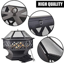 Fire Pit Metal Outdoor Wood Burning Firebowl Fireplace with Spark Screen Retardant Mesh Lid and Poker for Outside Backyard Deck