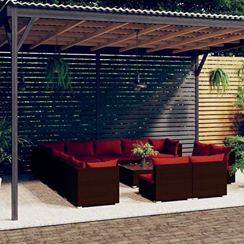 Molumvel 14-Piece Modular Garden Lounge Set, Brown and Cinnamon Red PE Rattan Outdoor Patio Furniture with Coffee Table and Cushions for Backyard Terrace Seating