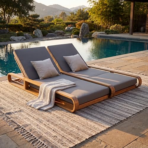 Christopher Knight Home Pyke Double Chaise Lounge Outdoor with Triple Folds Cushion, Acacia Wood Patio Chaise Lounge Set of 2, Poolside Sun Lounger, Adjustable Sunbathing Chair, Teak+Dark Gray