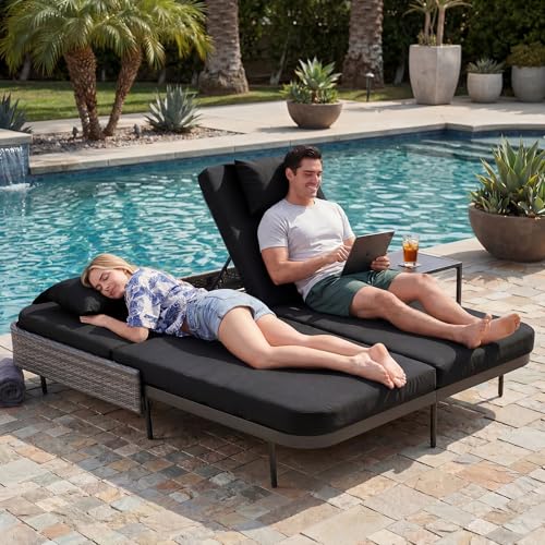 NICESOUL Double Chaise Lounge Outdoor, 51.2" Wide 2-Person Daybed with Independent Recline, Loveseat with 4" Thick Cushions, Heavy Duty All-Weather Wicker Sunbed for Patio Poolside Garden