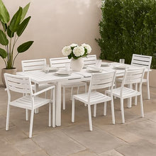 Benzara Meta 95 Inch Extendable Dining Table, White Aluminum Frame, Plank Top