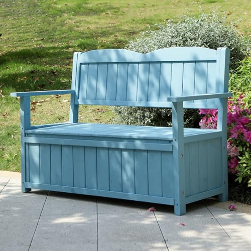 JINGSHIQIAOPL Outdoor Storage Bench Wooden, 2-Person Wood Bench Outdoor, 47'' Patio Storage Bench with 40 Gal Inner Space for Patio, Garden, Balcony, Yard(Blue)