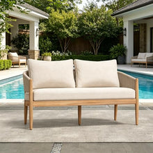 Merax Outdoor Patio Loveseat Sofa with 4 inch Thick Cushion, Bohe Style Acacia Wood Outdoor 2-Seater Sofa Couches for Garden Backyard Poolside, Patio Furniture Sofa for 2, Light-Brown Rope