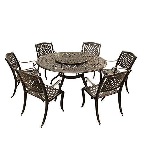 Oakland Living Rose Contemporary Modern and Ornate Traditional Outdoor Mesh Lattice Aluminum 59 inch Bronze Round Dining Set with Lazy Susan and Six Chairs