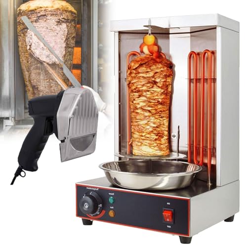 GenSDH Vertical Rotisserie Grill with Dual Heating Tubes, Meat Catch Pan for Kebab Gyro, Ideal for Home and Commercial Barbecue,Barbecuestove+Cutter
